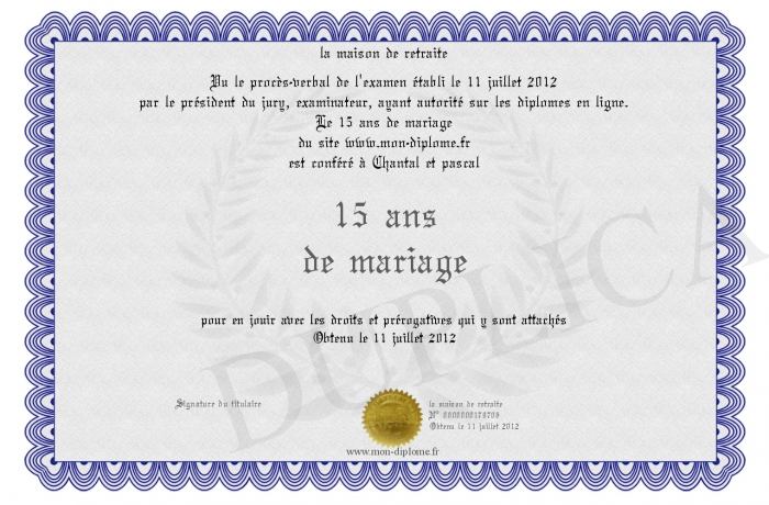 diplome 15 ans de mariage